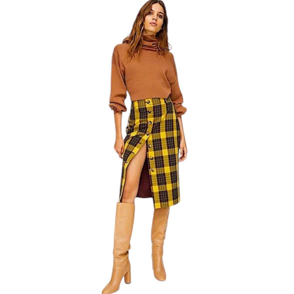 Aritzia Wilfred Leona Skirt Gold Rustique 8 New NWT Plaid Pencil Button Front